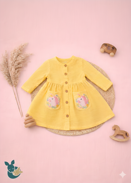 Yellow Embroidered Unicorn Frock