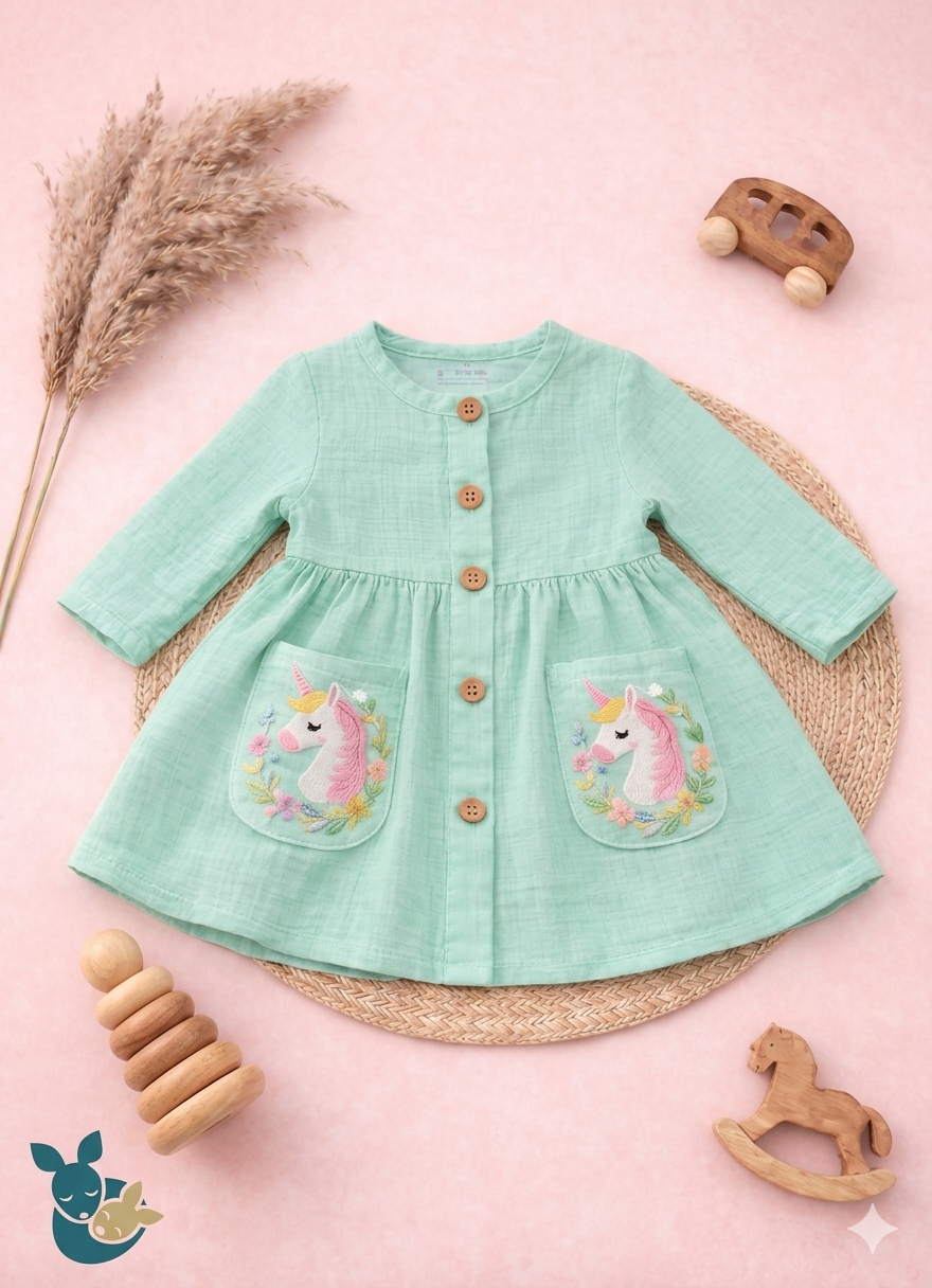 Green Embroidered Unicorn Frock