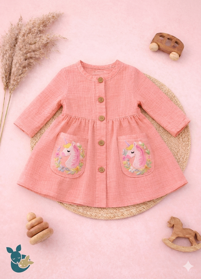 Peach Embroidered Unicorn Frock