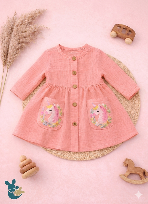 Peach Embroidered Unicorn Frock