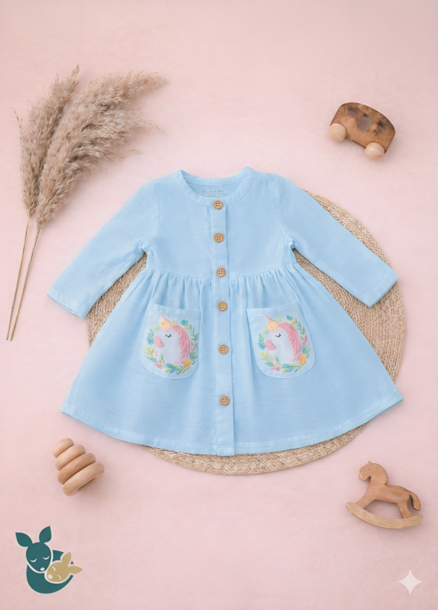 Blue Embroidered Unicorn Frock