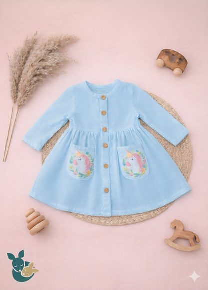 Blue Embroidered Unicorn Frock