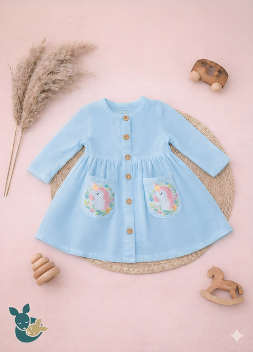 Blue Embroidered Unicorn Frock