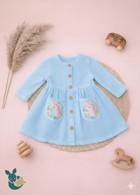 Blue Embroidered Unicorn Frock