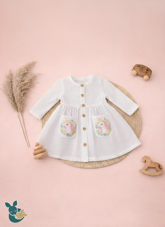 White Embroidered Unicorn Frock