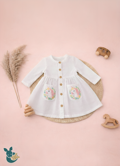 White Embroidered Unicorn Frock