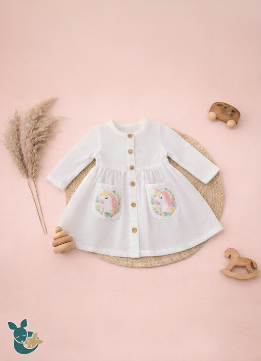 White Embroidered Unicorn Frock